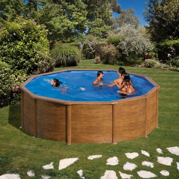 (350X132 IMITACION MADERA REF. KITPR358WO) KIT PISCINA GRE REDONDA DE CHAPA DE ACERO LACADA.MODELO MAURITIUS